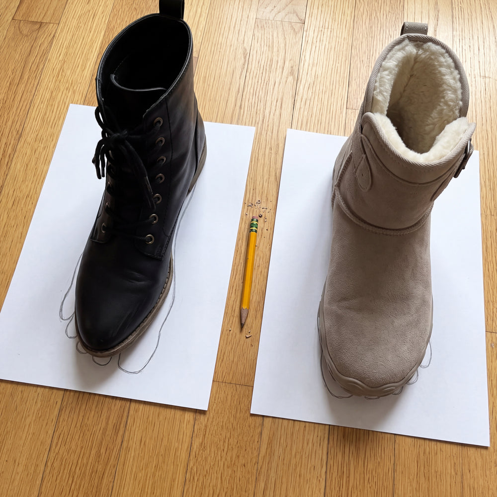The paper test, done: the ordinary boot leaves your toes outside. Snugly covers your whole foot.